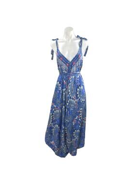 Advance Blue Silk Floral Paisley V Neck Tie Sleeveless A Line Maxi Dress Sz L/XL